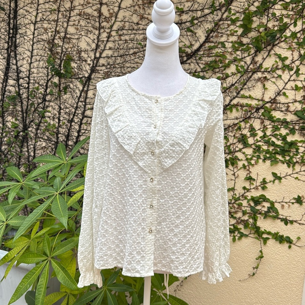 Love M white embroidered flowers button down ruffle detail romantic blouse